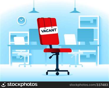 Vacant position teamwork job in creative office. Business hr recruit vacancy hiring and work positioning. Cartoon workplace office red chair with background. Vacancies vector flat concept. Vacant position job in creative office. Business vacancy hiring and work positioning. Vacancies vector concept