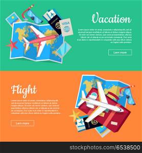 Vacation and flight web banners. Aircraft, luggage, world map, air tickets, passport, visa, diving mask, phone, starfish flat vectors. For travel agency, airline company landing page design. Conceptual Web Banners for Travel Agency . Conceptual Web Banners for Travel Agency