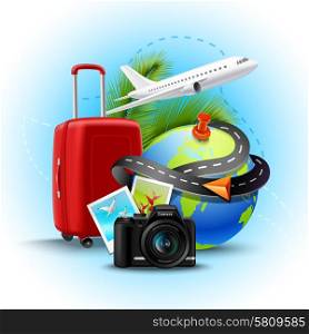 Vacation and holidays background with realistic globe suitcase and photo camera vector illustration. Vacation Realistic Background