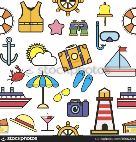 Vacation and holidays summer items seamless pattern tourism vector life vest and binoculars stirring wheel and sun umbrella, and sunglasses lighthouse and photo camera suitcase and diving mask. Summer items vacation and holidays seamless pattern traveling and tourism