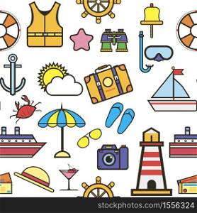 Vacation and holidays summer items seamless pattern tourism vector life vest and binoculars stirring wheel and sun umbrella, and sunglasses lighthouse and photo camera suitcase and diving mask. Summer items vacation and holidays seamless pattern traveling and tourism