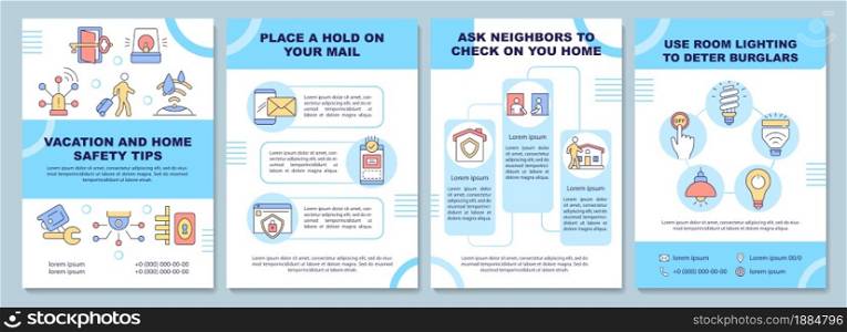 Vacation and home safety tips brochure template. Home security. Flyer, booklet, leaflet print, cover design with linear icons. Vector layouts for presentation, annual reports, advertisement pages. Vacation and home safety tips brochure template