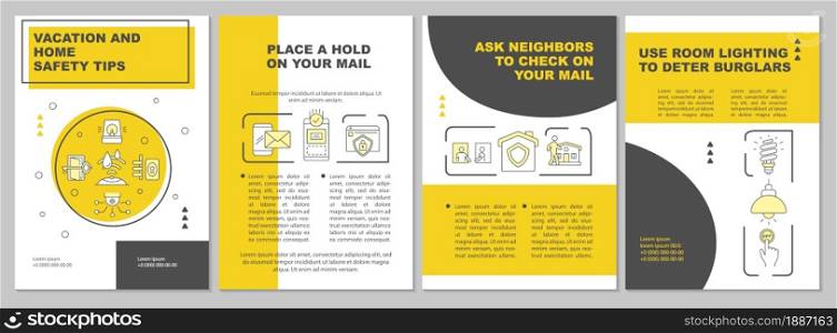 Vacation and home safety tips yellow brochure template. Flyer, booklet, leaflet print, cover design with linear icons. Vector layouts for presentation, annual reports, advertisement pages. Vacation and home safety tips yellow brochure template