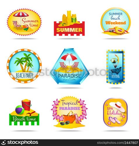 Vacation and summer cartoon emblems set with diving party and spa isolated vector illustration . Vacation Emblems Set