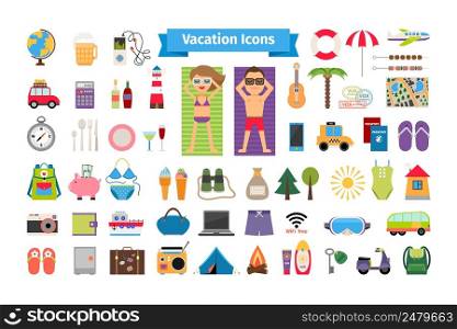 Vacation and summer rest flat icons. Tourism and compass, trip and binoculars, swimsuit and umbrella. Vector illustration. Vacation and summer rest flat icons