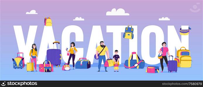 Vacation and travel concept with travel bags types flat vector illustration