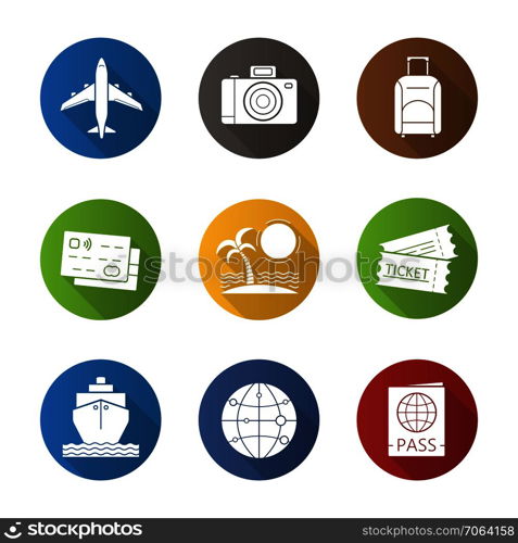 Vacation and travel flat design long shadow icons set. Credit cards, tropical island, globe map model, cruise ship, passport, airplane flight, photo camera, suitcase and tickets. Vector symbols. Vacation and travel flat design long shadow icons set