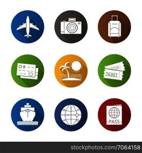 Vacation and travel flat design long shadow icons set. Credit cards, tropical island, globe map model, cruise ship, passport, airplane flight, photo camera, suitcase and tickets. Vector symbols. Vacation and travel flat design long shadow icons set