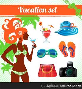 Vacation and travel icon set, infographics for modern women