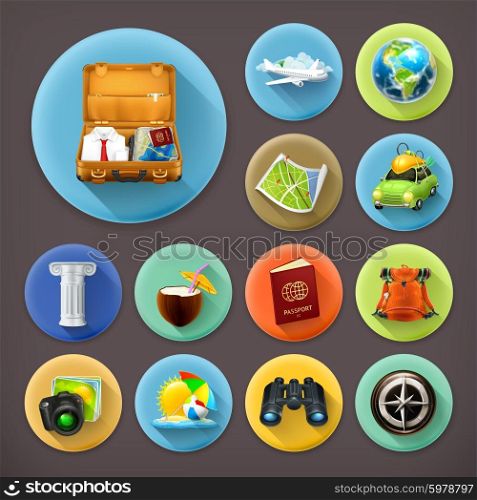 Vacation and Travel, long shadow icon set