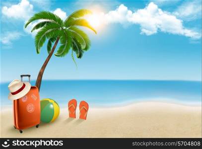 Vacation background. Beach with palm tree, suitcase and flip flops. Vector.