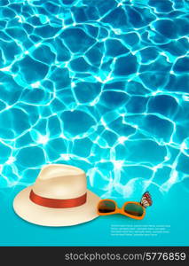 Vacation background with blue sea, a hat and sunglasses. Vector.