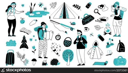 .Vacation characters. Travelling suitcase, isolated tourism friends with backpacks. Young travel girl boy, summer eco adventures vector set. Illustration vacation tourism, character summer travel. .Vacation characters. Travelling suitcase, isolated tourism friends with backpacks. Young travel girl boy, summer eco adventures decent vector set