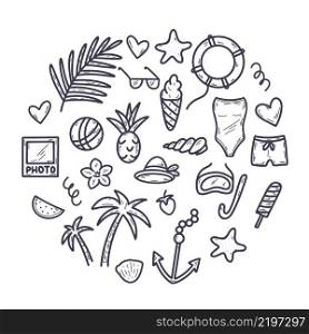 Vacation composition doodle style. Set hand drawn icons of relaxation and travel. Nautical collection vector illustration. Vacation composition doodle style