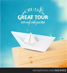 Vacation cruise illustration with ship and text lettering. Vector illustration.