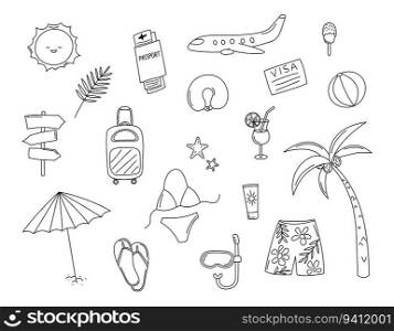 Vacation doodles set. Travel hand drawn elements black and white isolated. Vector illustration with cute scribble summer vacation objects.. Vacation doodles set. Travel hand drawn elements black and white isolated. Vector illustration with cute scribble summer vacation objects