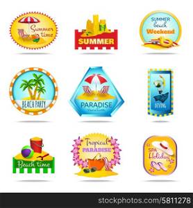 Vacation Emblems Set. Vacation and summer cartoon emblems set with diving party and spa isolated vector illustration