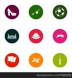 Vacation europe icons set. Flat set of 9 vacation europe vector icons for web isolated on white background. Vacation europe icons set, flat style