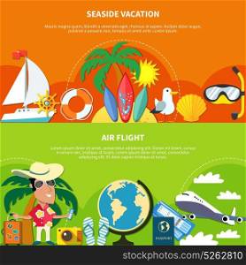 Vacation Flat Banners Set. Vacation travel flat horizontal banners with compositions of tourist flying and offshore images with editable text vector illustration