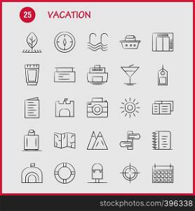 Vacation Hand Drawn Icons Set For Infographics, Mobile UX/UI Kit And Print Design. Include: Picnic, Summer, Vacation, Building, Vacation, City, Flag, Board, Icon Set - Vector