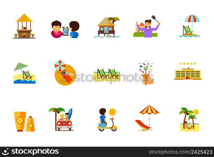 Vacation icon set. Beach Bar Hotel on Water Traveling Man Taking Selfie Beach Umbrella and Lounge Chair Woman Sunbathing Deck Chair Waffle Cone with Palm Sunblock Cream Sunset Man in Hammock