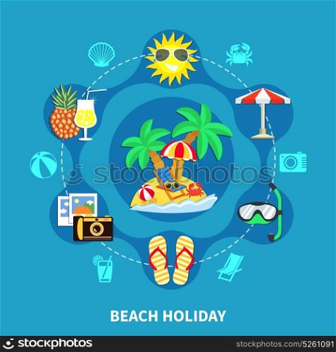 Vacation Icons Round Composition. Vacation travel flat composition of beach holiday images with offshore leisure activity equipment symbols and silhouettes vector illustration