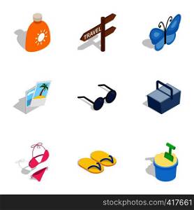 Vacation icons set. Isometric 3d illustration of 9 vacation vector icons for web. Vacation icons, isometric 3d style