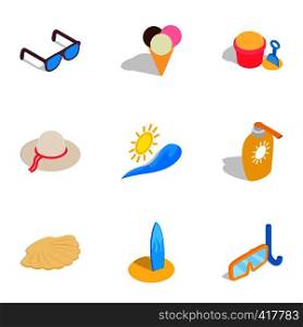 Vacation icons set. Isometric 3d illustration of 9 vacation vector icons for web. Vacation icons, isometric 3d style