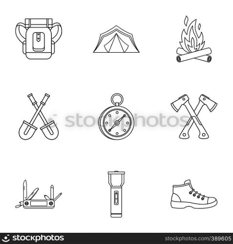 Vacation in forest icons set. Outline illustration of 9 vacation in forest vector icons for web. Vacation in forest icons set, outline style