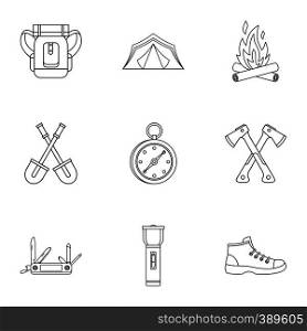 Vacation in forest icons set. Outline illustration of 9 vacation in forest vector icons for web. Vacation in forest icons set, outline style