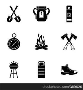 Vacation in forest icons set. Simple illustration of 9 vacation in forest vector icons for web. Vacation in forest icons set, simple style