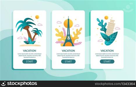 Vacation in Tropical and European Countries Mobile Page Set. Flat Vector Interest Sights Illustration. France and Italian Voyage. Rest on Exotic Resort. Travel Agency Offers Adventures and Relaxation. Tropical and European Vacation Mobile Page Set
