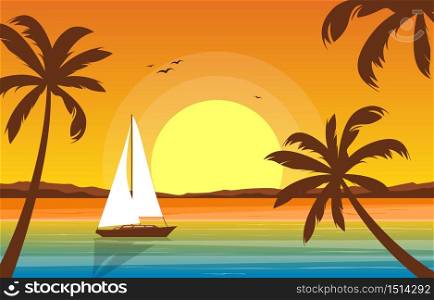 Vacation in Tropical Beach Sea Palm Tree Summer Landscape Illustration