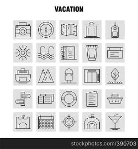 Vacation Line Icons Set For Infographics, Mobile UX/UI Kit And Print Design. Include: Picnic, Summer, Vacation, Building, Vacation, City, Flag, Board, Icon Set - Vector