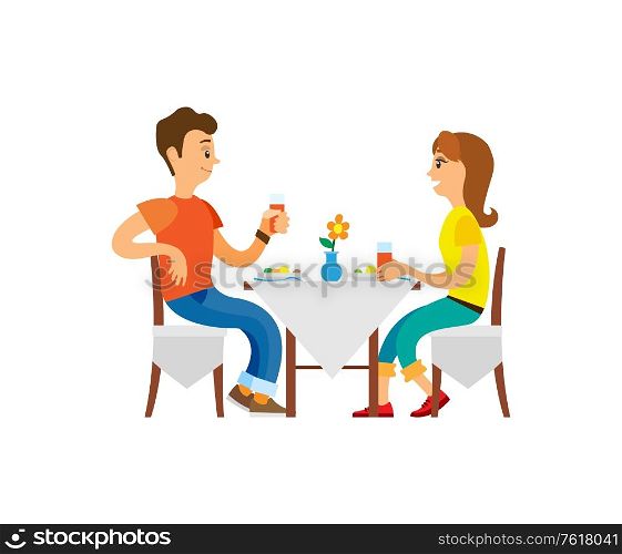 Vacation of couple, restaurant and cafe vector. People drinking juice, man and woman eating, table with vase and flowers. Eatery elegant breakfast. People Dining in Restaurant, People on Vacation