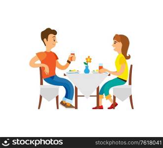 Vacation of couple, restaurant and cafe vector. People drinking juice, man and woman eating, table with vase and flowers. Eatery elegant breakfast. People Dining in Restaurant, People on Vacation