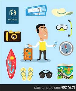 Vacation or business traveler character set with suitcase passport airplane tickets vector illustration