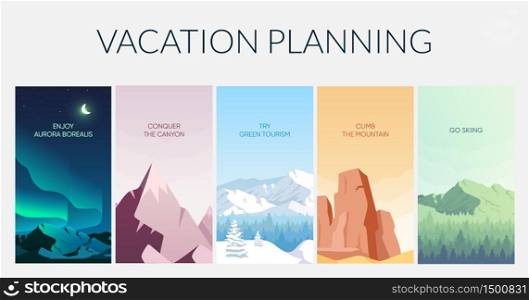 Vacation planning flat color vector informational infographic template. Holiday on nature poster, booklet, PPT page concept design with cartoon landscapes. Advertising flyer, leaflet, info banner idea. Vacation planning flat color vector informational infographic template