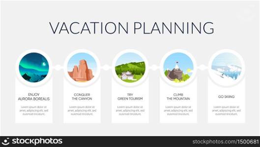 Vacation planning flat color vector informational infographic template. Active tourism. Poster, booklet, PPT page concept design with cartoon landscapes. Advertising flyer, leaflet, info banner idea. Vacation planning flat color vector informational infographic template