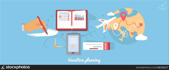 Vacation planning icon flat isolated round. Tourism summer, holiday and map, ticket flight, trip world, voyage and recreation tour, transportation and leisure illustration