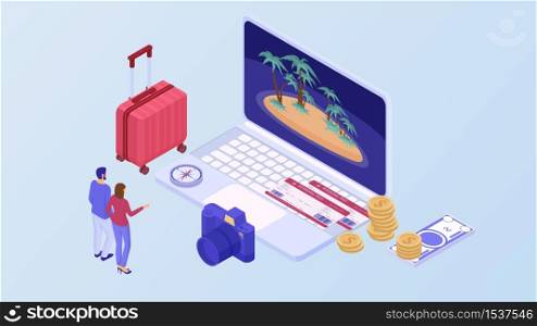 Vacation planning isometric concept. Married couple chooses resort laptop prepared red suitcase with things bought plane tickets calculated money expenses stylish blue camera filming vector events.. Vacation planning isometric concept. Married couple chooses resort laptop prepared red suitcase.
