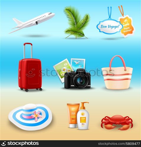 Vacation realistic icons set with airplane palm suitcase isolated vector illustration. Vacation Realistic Icons