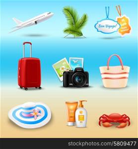 Vacation realistic icons set with airplane palm suitcase isolated vector illustration. Vacation Realistic Icons