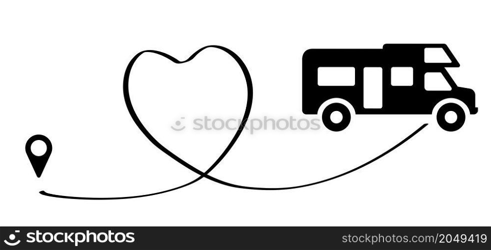 Vacation route, point location holiday symbol. Camper, camping route with pin. Line pattern. Vector love with heart sign