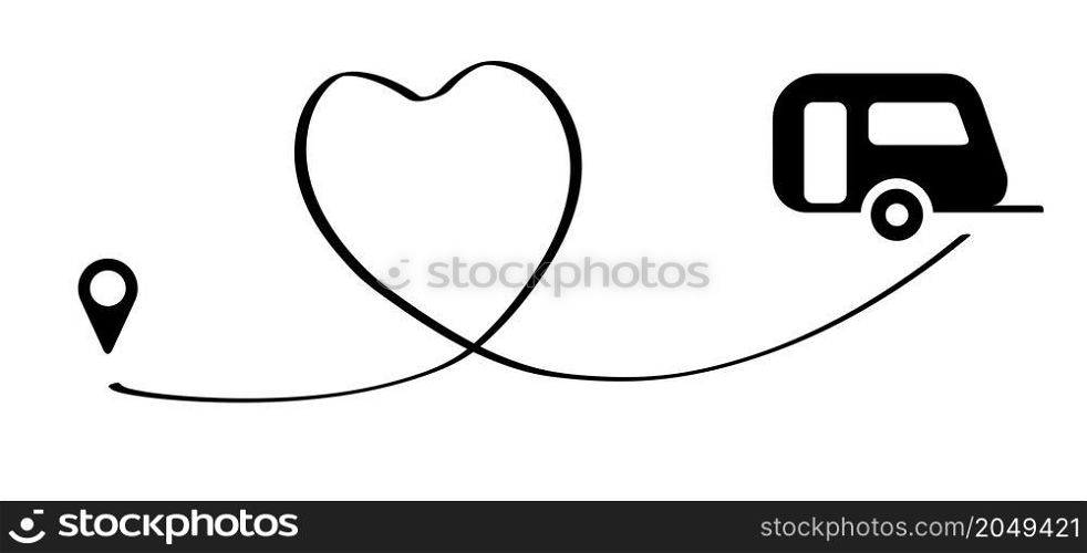 Vacation route, point location holiday symbol. Caravan, camping route with pin. Line pattern. Vector love with heart sign