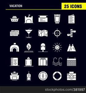 Vacation Solid Glyph Icons Set For Infographics, Mobile UX/UI Kit And Print Design. Include: Picnic, Summer, Vacation, Building, Vacation, City, Flag, Board, Icon Set - Vector