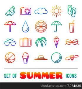 Vacation themed icons with thin lines and gradient. Panama hat, orange, ice cream and cocktail