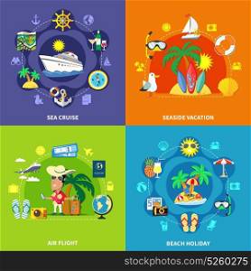 Vacation Travel Design Concept. Vacation travel flat design concept with compositions of seaside resort touristic symbols transport and equipment images vector illustration