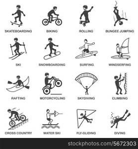 Vacation travel extreme sports icons set of skateboard snowboard skydiving and bungee jumping vector illustration