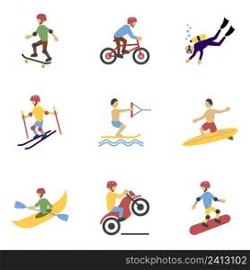 Vacation travel extreme sports icons set of surfing biking rolling and  motorcycling flat vector illustration